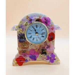 Small Resin Mantel/Desktop Clock Floral Hand Crafted NEW